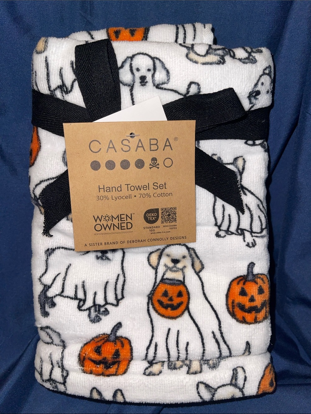 Casaba White Halloween Dog & Pumpkin Print Hand Towel Set